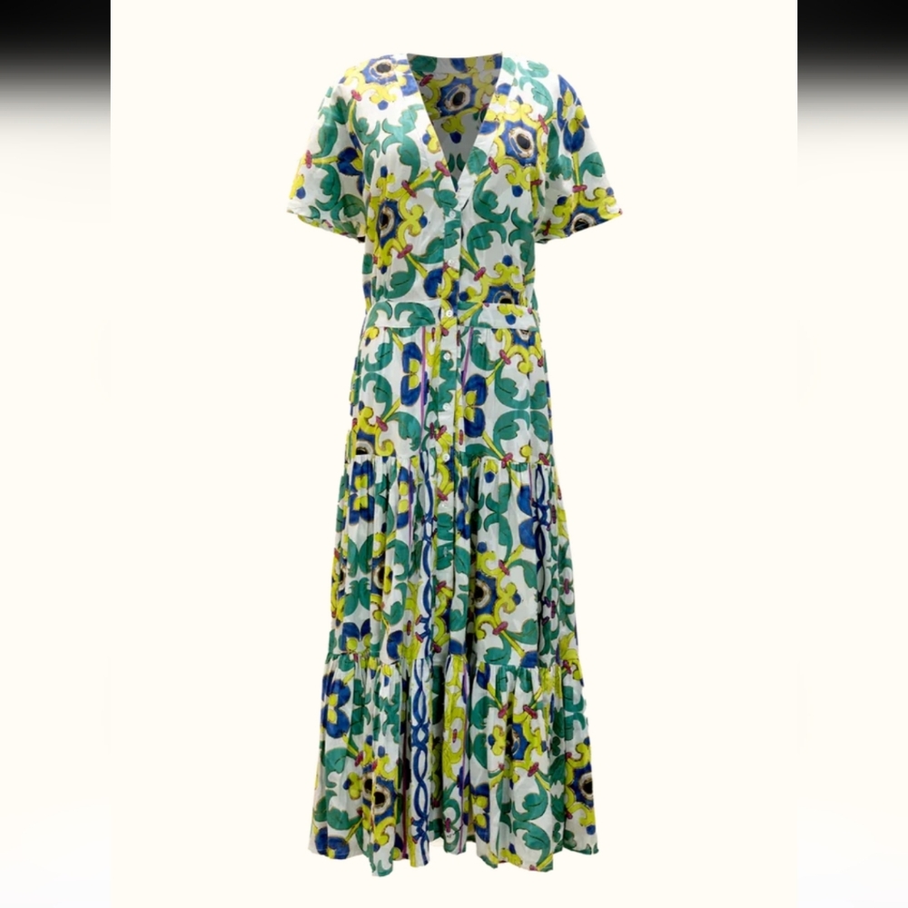 Mes Demoiselles Champagne V-Neck Printed Tiered Midi Dress Cotton